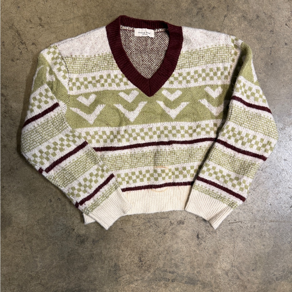 Women's V-Neck Patterned Sweater - Cream, Green, And Burgundy